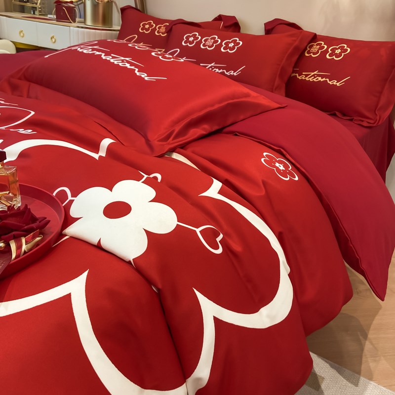 中式印花结婚四件套大红色新婚陪嫁被套婚庆R床上用品婚房喜被
