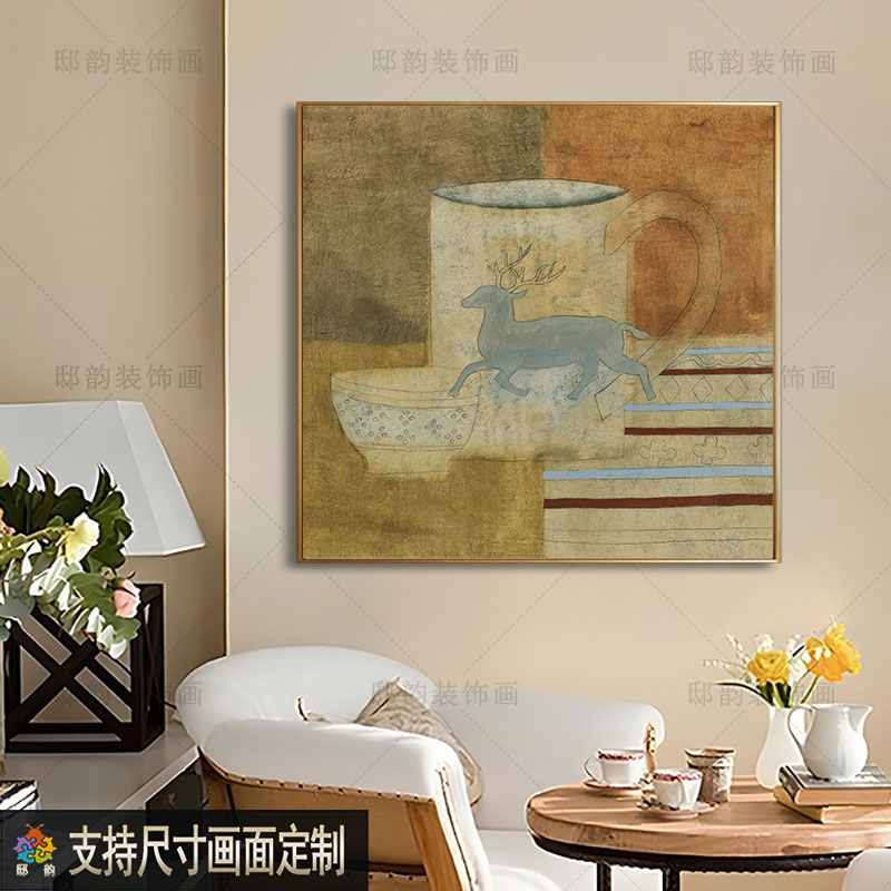 宅寂风民宿酒店抽k象挂画侘寂房间软装无框画现代简约正方形装饰图片