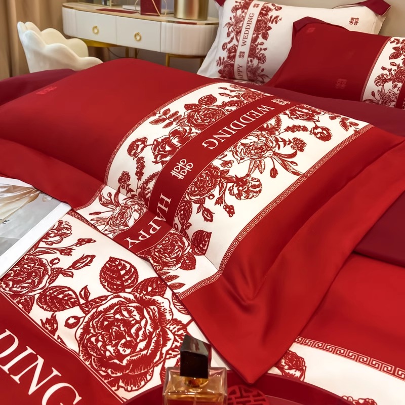 中式结婚四件i套大红色床单被套全棉婚庆床上用品婚房婚嫁