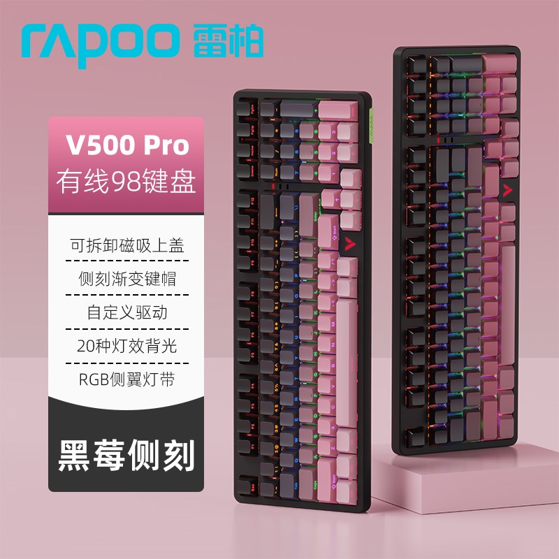 雷柏V500pro 98键有线机械键盘电脑笔记本游戏办公打字青茶红轴87