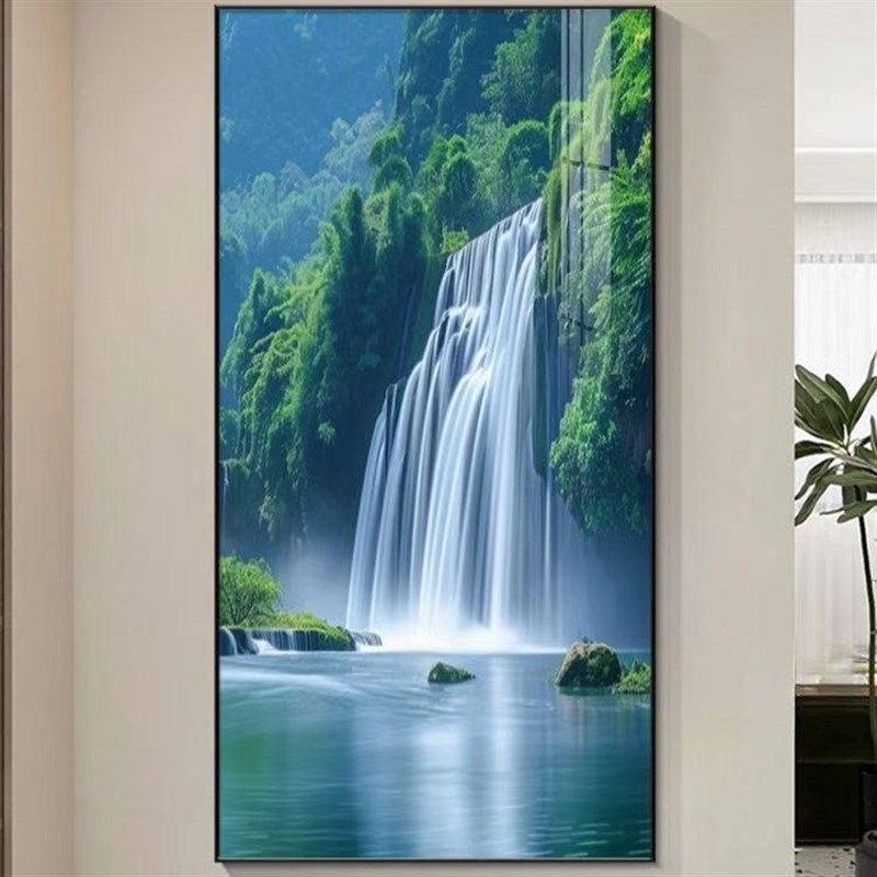 流水生财入户玄关装饰画中式走廊过道楼梯口壁画瀑布风景竖版挂画图片