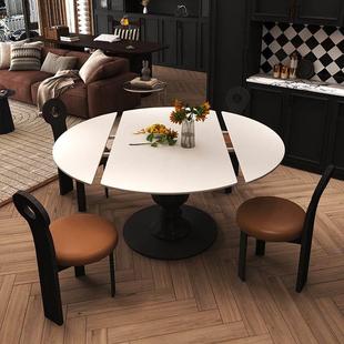 法式覆古黑色实木伸缩餐桌可变圆桌旋转扩大奶油风岩板可折叠饭桌