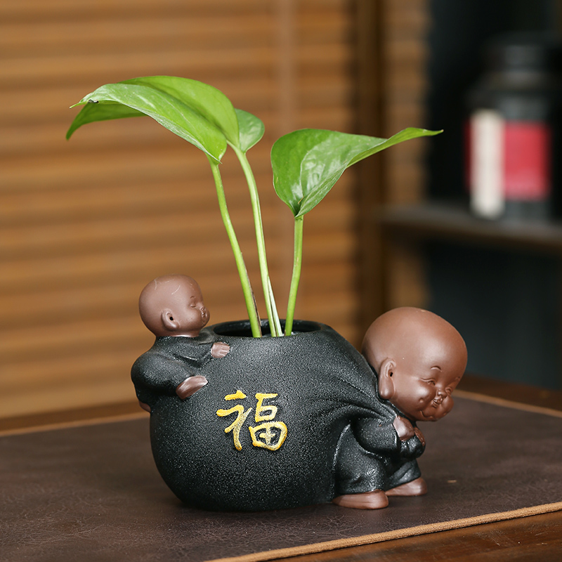 创意陶瓷笔筒覆古小和尚摆件茶道盆栽水培花盆收纳盒书桌书房装饰
