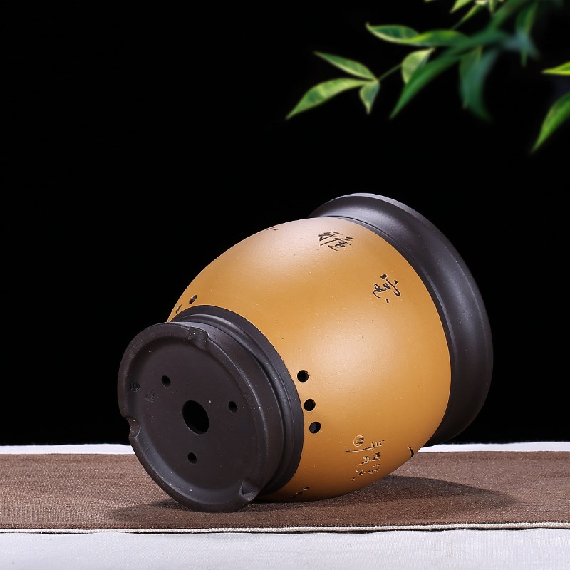 宜兴紫砂花盆精品花盆兰花盆桌面绿植古典陶瓷花盆手工刻绘圆形