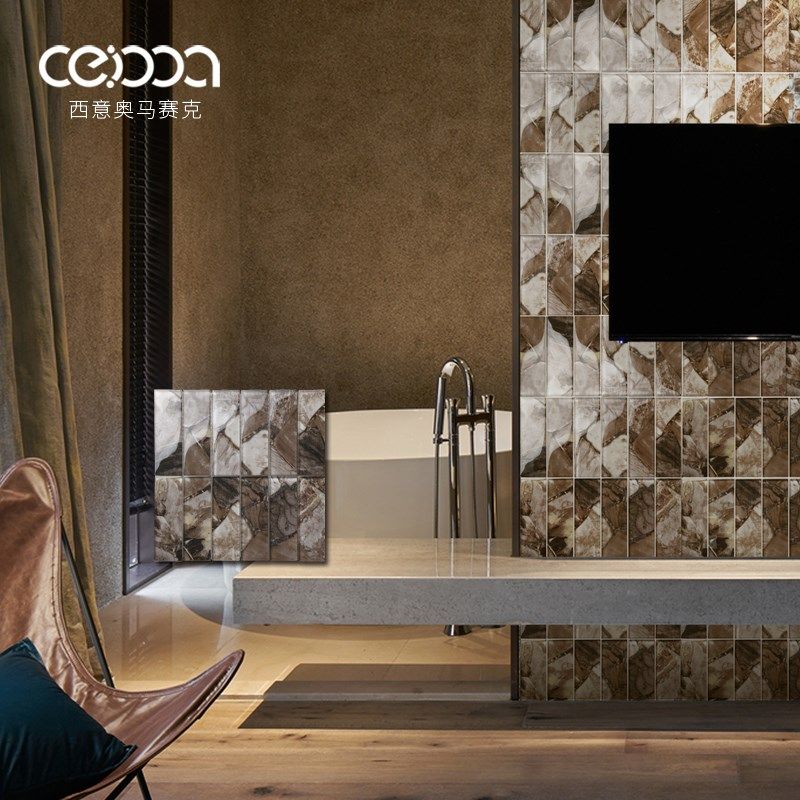 长条乱纹玻璃马赛克瓷砖卫生间浴室餐厅吧台咖啡店墙砖艺术背景墙