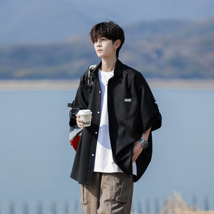 山系cleanfit短袖衬衫男生夏季薄款日系复古潮流帅气港风半袖体恤