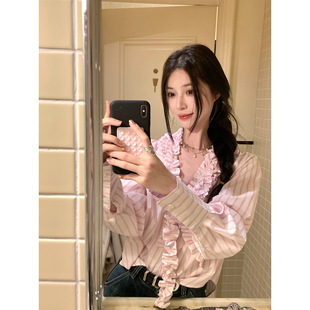 叁月芹菜MarchCelery  淡粉色V领花蕊边条纹长袖衬衫春秋季上衣女