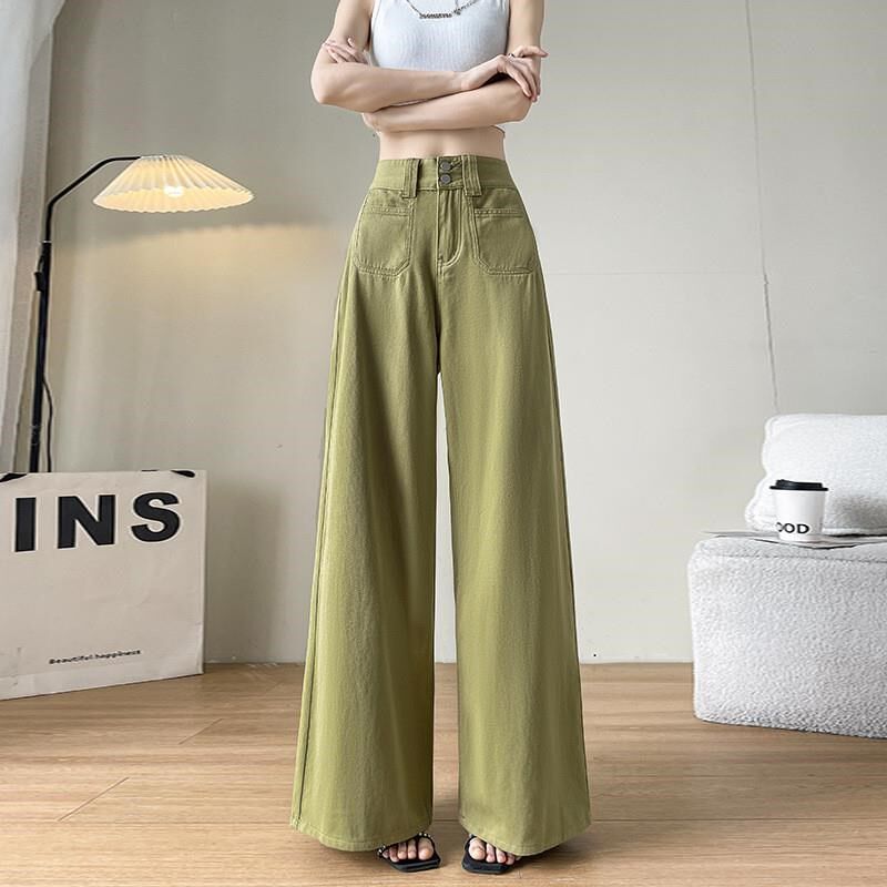 军绿色直筒牛仔裤女2024年新款夏季宽松小个子工装裤休闲阔腿裤子
