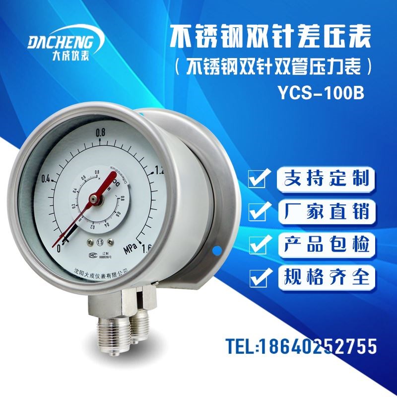【大成】YCS-100B不锈钢双管双针差压力表 双管双针压力表 差压表