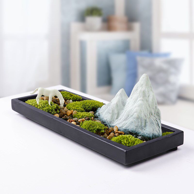 乌金石上水石景观苔藓文竹菖蒲装饰盆景个性中式室内桌面可定制