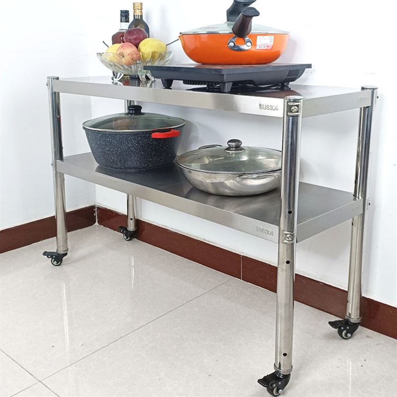 厨房不锈钢置物架可调节带万向轮餐厅两层三层手推车移动收纳架子