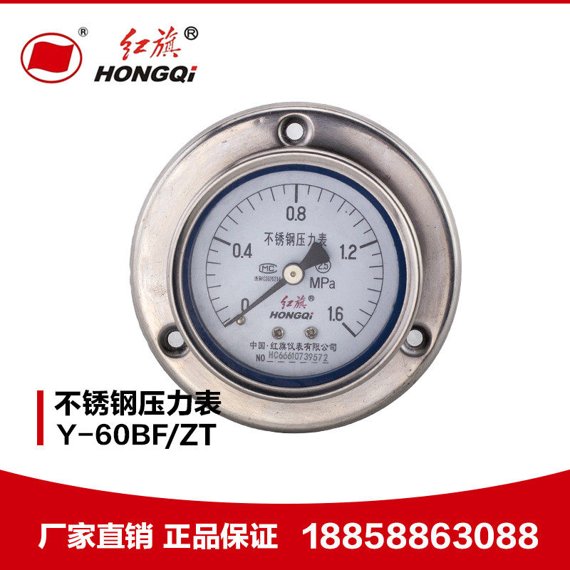 厂家直销 红旗仪表 轴向带边不锈钢压力表Y-60BF/ZT 耐高温耐酸碱