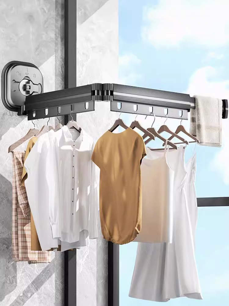 日本衣架挂墙式家用折叠晾衣架阳台免打孔壁挂式晾衣杆伸缩晾衣杆