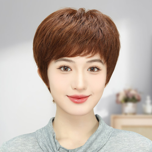 假发中老年女妈妈款真发全真人发化疗光头短发微卷全头套自然薄款