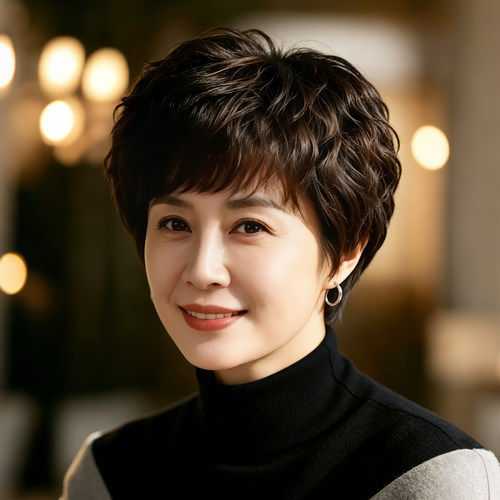 高端假发女短发全真发韩式纹理微卷烫发中老年60岁夏季薄款全头套