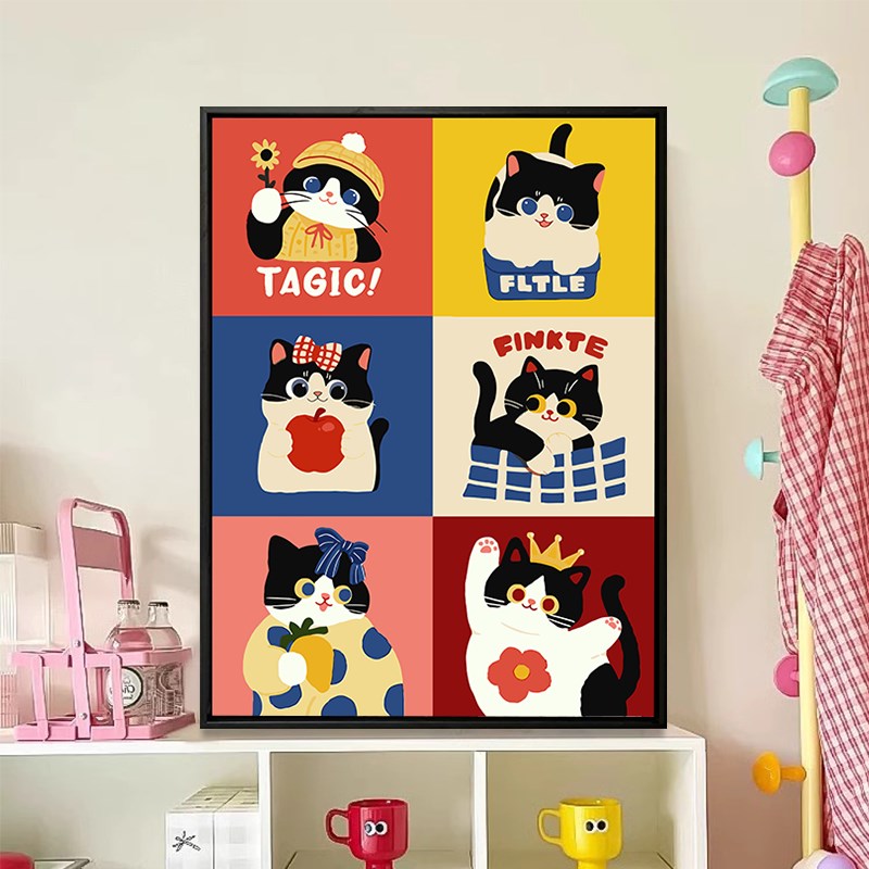 多巴胺猫咪数字油画diy填充填色手工绘卡通奶牛小猫丙烯画装饰画图片