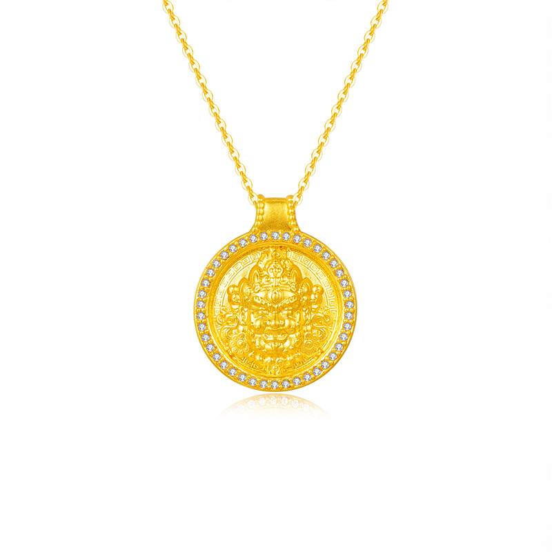环冠满圈镶锆黄财神足金项链招财转运纳福收藏足金纯金