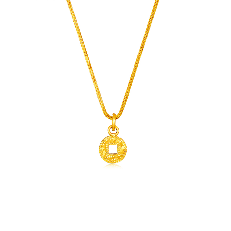 环冠爆闪碎冰冰铜钱黄金吊坠转运招财进宝纳福999足金钱币项链
