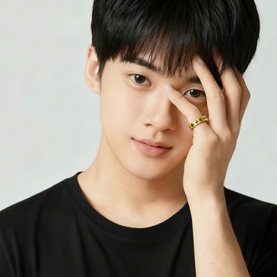 环冠（珠宝）国潮黑金古法克罗心十字咒文闭口戒指男士黄金戒指