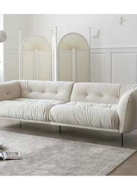 轻法式奶油风复古布艺沙发现代简约设计师高脚拉扣白色麂皮绒沙发