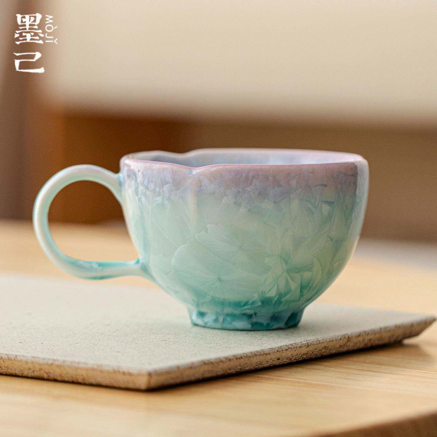 墨己结晶釉紫青色窑变陶瓷咖啡杯家用下午茶花口茶杯马克杯个人杯