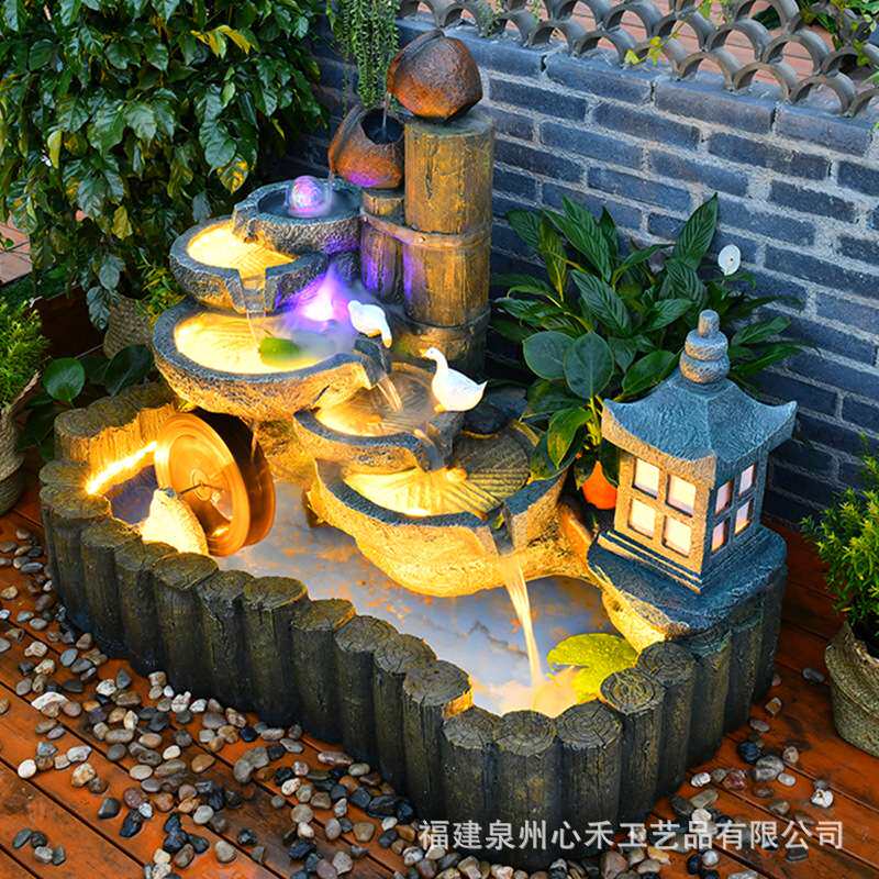 创意仿古假山喷泉流水摆件鱼池石磨水车客厅阳台大堂庭院装饰品