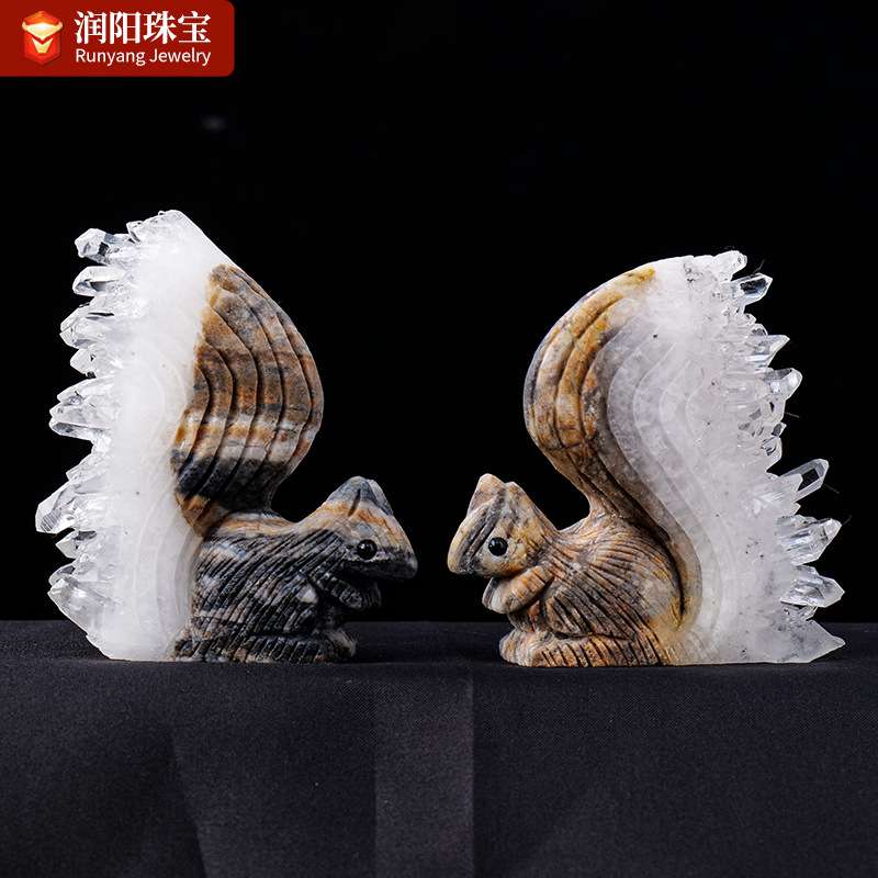 天然黄白水晶晶簇松鼠摆件 水晶原石矿标工艺品装饰摆件 厂家