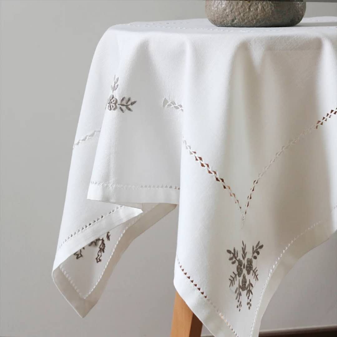 日式茶几桌布布艺小清新棉麻餐桌布台布圆桌布纯白刺绣桌布白绣花