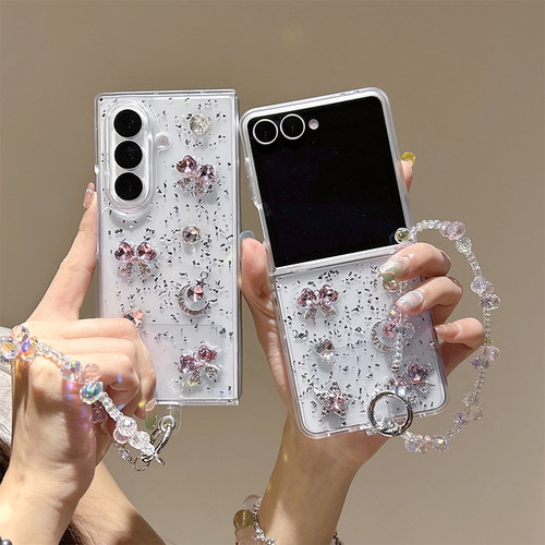 粉色水钻宝石领结翻盖折叠手机壳适用zflip7透明滴胶银箔zfold6手链手提w24flip硬壳时尚明星款zflip5保护套