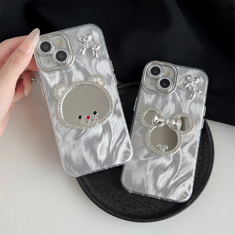小熊水钻米老鼠镜子手机壳适用iPhone16promax精孔防摔苹果17高级感15全包14plus明星同款13全包精美12保护套