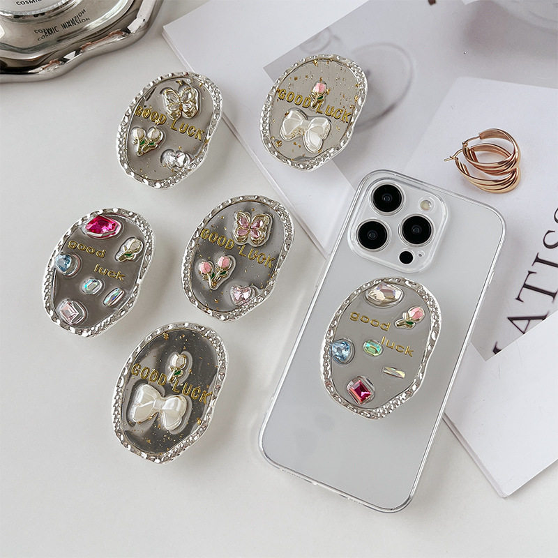 手机气囊支架镜子贴高级感ins水钻宝石蝴蝶花朵可伸缩指环扣背贴