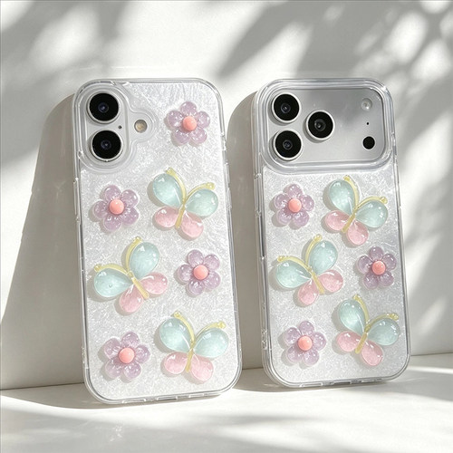 小清新风日系花朵蝴蝶闪粉手机壳适用iPhone17pro少女苹果16promax滴胶苹果18女新款软壳15plus简约14保护套