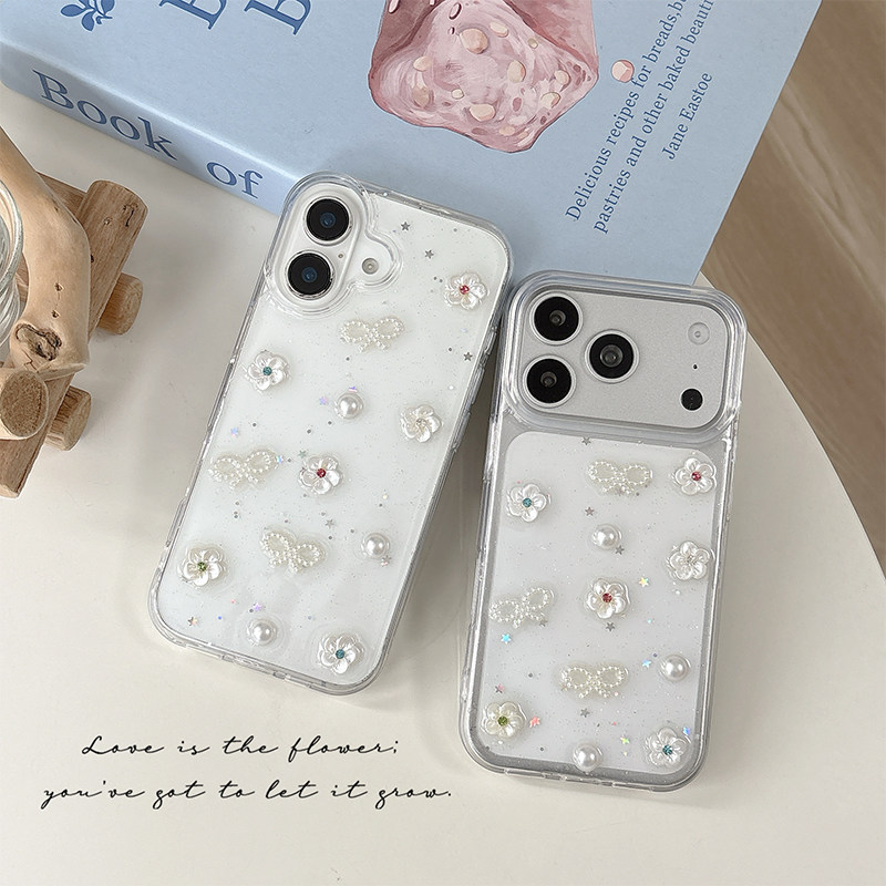 小花朵珍珠领结滴胶闪粉星星亮片手机壳适用苹果18pro小清新风iPhone17promax透明16plus女新款时尚15保护套
