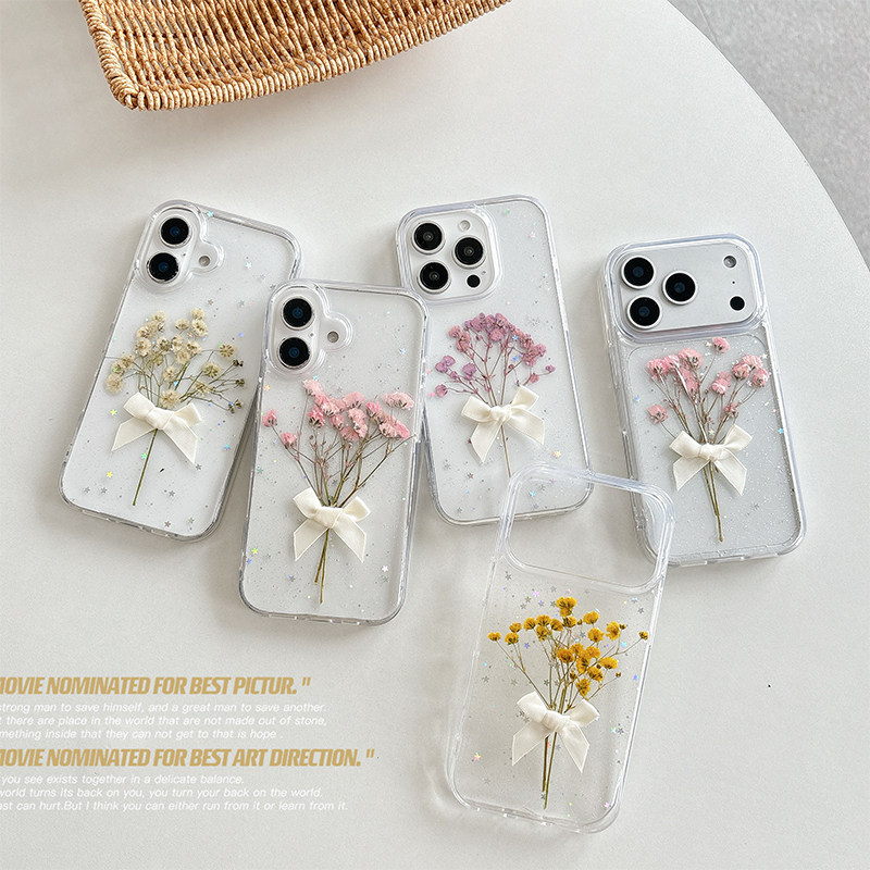 领结闪粉亮片花朵手机壳适用iPhone16pro真花苹果17pr