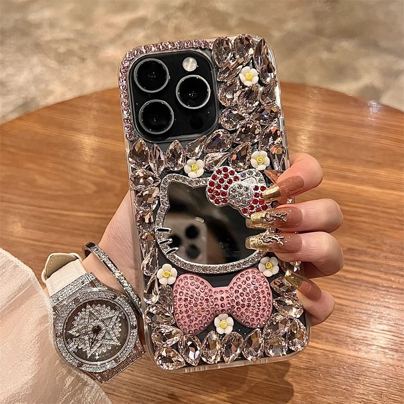 奢华满钻手机壳适用iPhone15promax蝴蝶结猫咪镜子保护壳苹果16pro高级感14plus补妆镜水钻轻奢硬壳明星同款