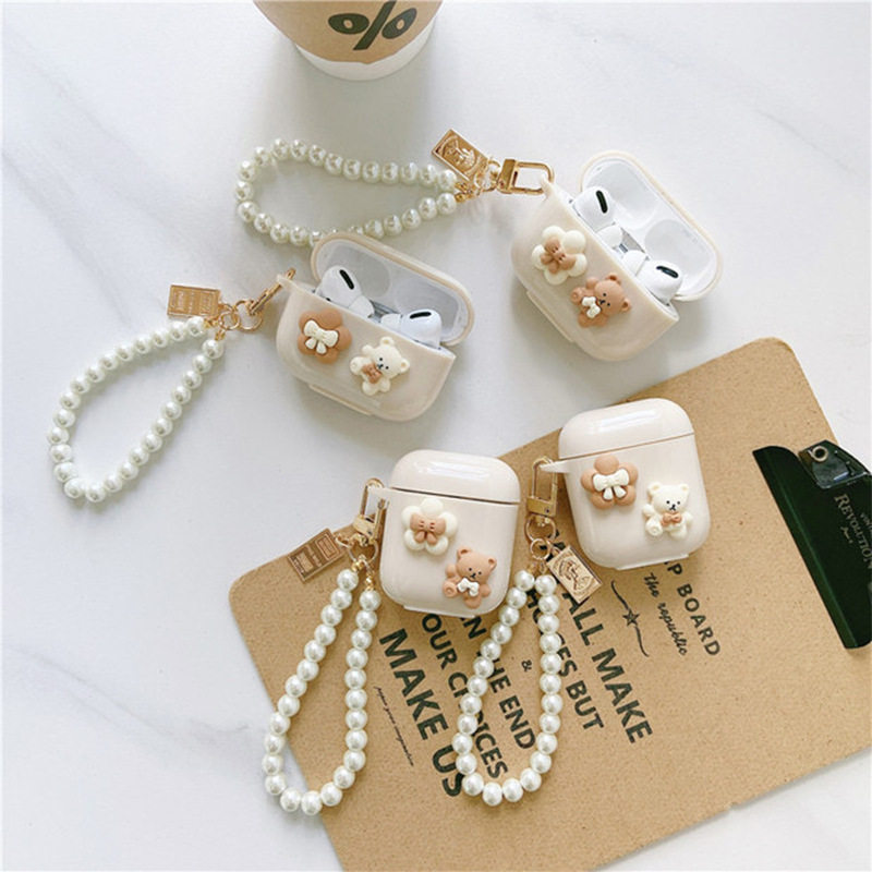 卡通可爱韩国ins小熊花朵珍珠手链耳机壳适用苹果airpods1/2耳机套airpods3/4保护壳AirPodspro2保护套硅胶软