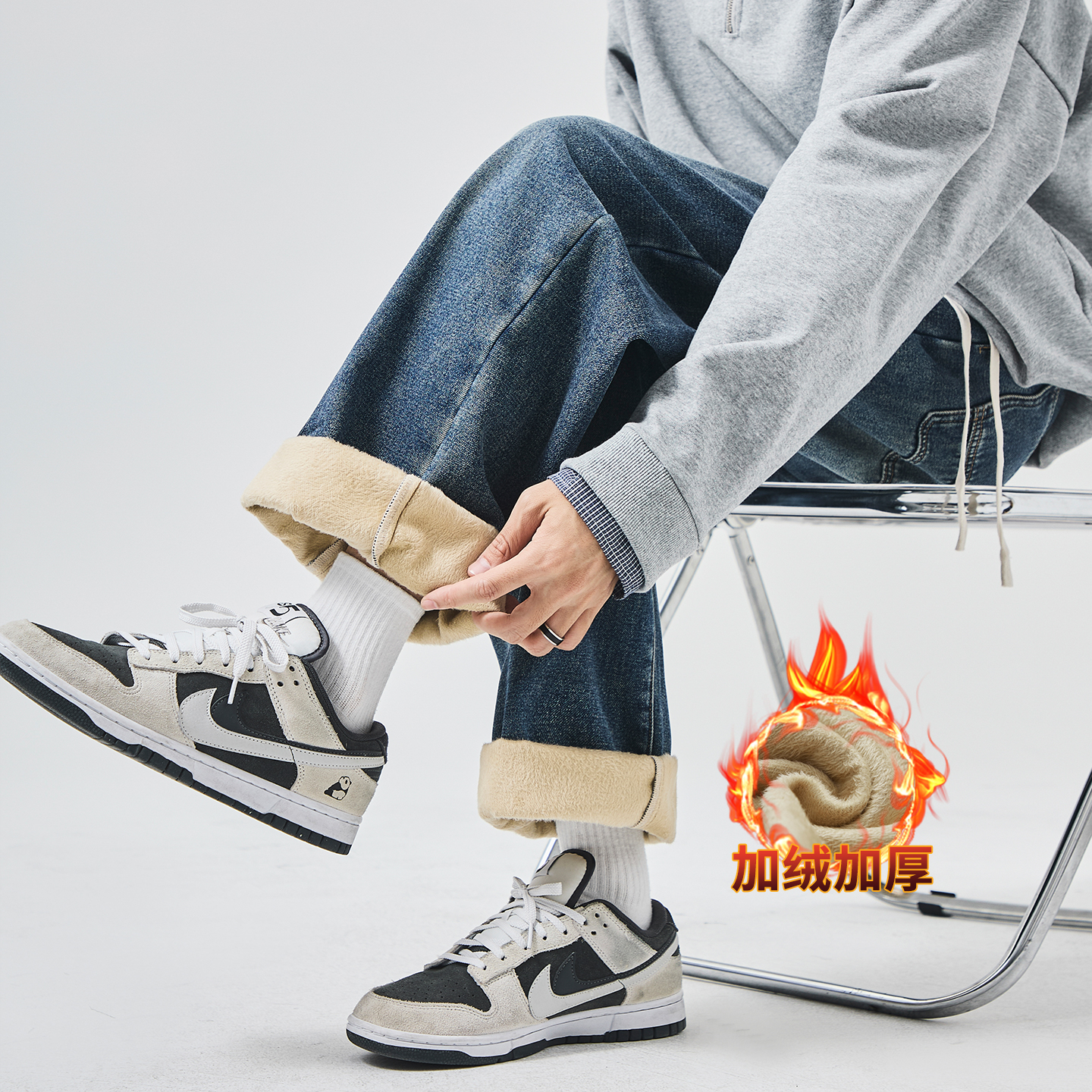 直筒美式复古水洗加绒潮牛仔裤男