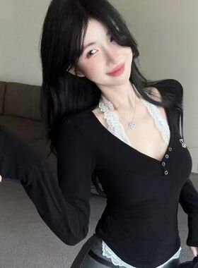 气质纯欲春秋长袖两件辣妹黑色设计修身拼接显瘦蕾丝T恤打底上衣