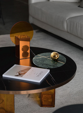 创意大理石圆形墨绿色轻奢托盘样板房间客厅餐桌茶几软装饰品摆件