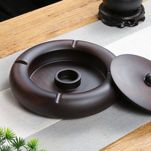 黑檀实木烟灰缸创意个性潮流客厅家用带盖防风防飞灰烟灰盅烟缸