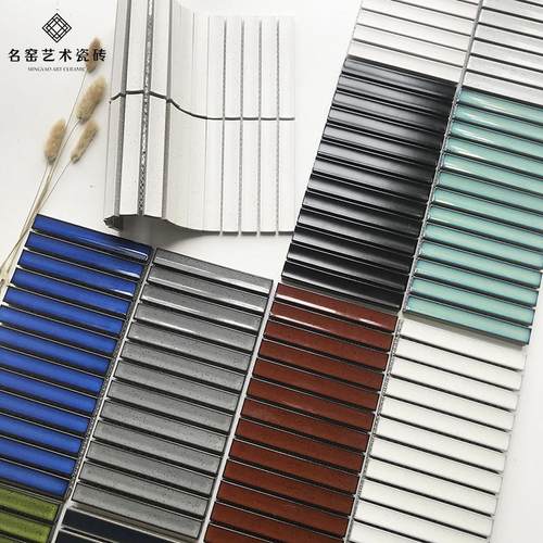 窑变月牙长条马赛克白色墨绿凹面瓷砖卫生间餐厅吧台酒店背景墙砖