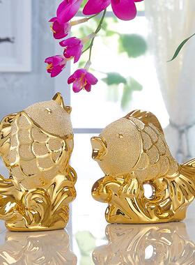 高档陶瓷鱼小摆件轻奢家居饰品可爱动物招财现代北欧金色创意简约