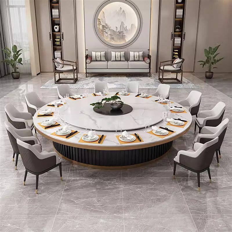 酒店岩板餐桌g会所包厢商用带电动转盘电磁炉火锅桌子可定制大圆