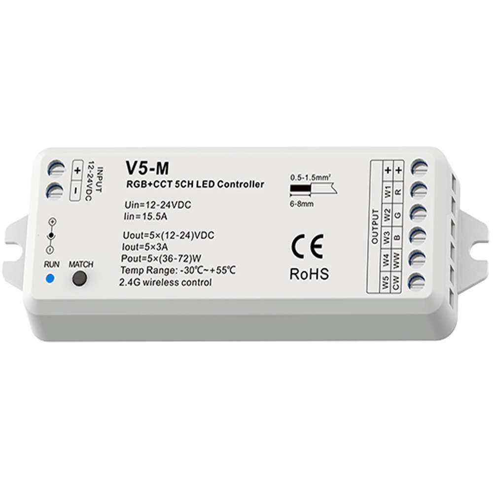 V5-M 12-24V RGB+CCT五通道LED控制器10动态模式信号自动转发认证