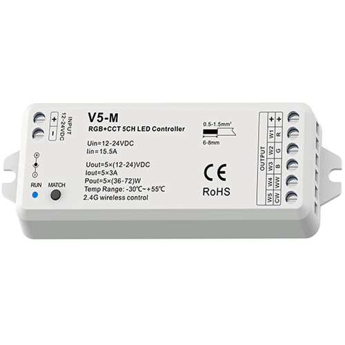 V5-M 12-24V RGB+CCT五通道LED控制器10动态模式信号自动转发认证