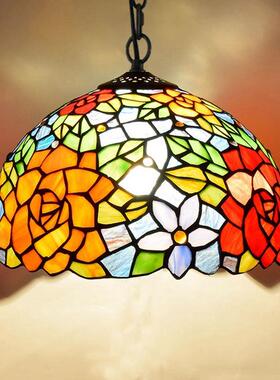 欧琈蒂凡尼田园创意艺术彩色玻璃复古餐厅吊灯红色玫瑰花12寸灯饰