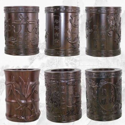 黑梓木木质毛笔笔筒 木雕八骏图梅花礼品文房摆件归纳毛笔用