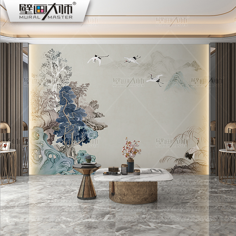 古典新中式墙布客厅电视背v景墙壁纸国潮山水壁布卧室墙纸仙鹤壁