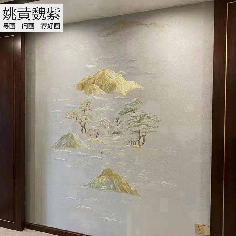 米黄色纯刺绣画墙布定制r五色山大型壁画独绣壁布独幅定制富贵山