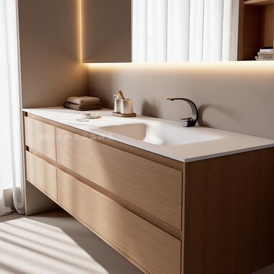 全铝蜂窝铝原木色浴室柜组合日式C别墅卫生间岩板热弯一体盆洗漱